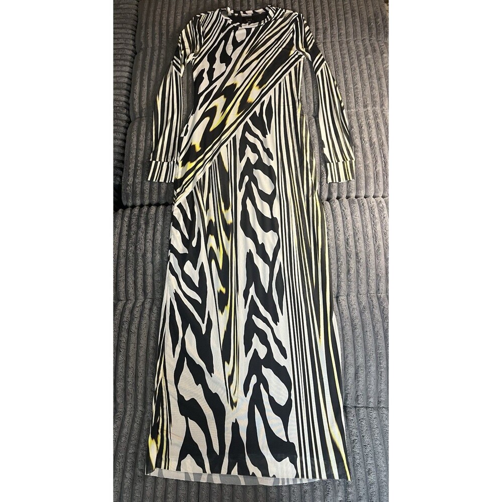 AFRM Zebra Stripe Mesh Maxi Dress M Black White Yellow Long Sleeve